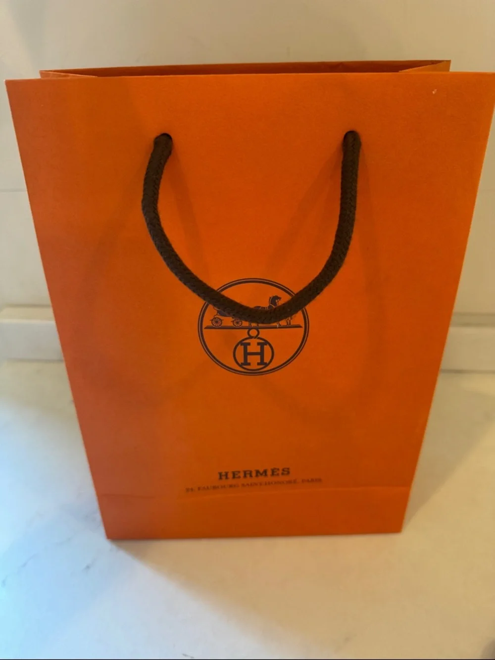 Hermes Orange Gift Bag with Brown ribbon and card  8.5x11.5x3